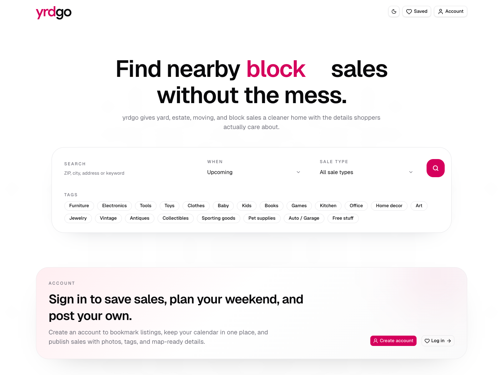 Yrdgo search experience for nearby yard and estate sales